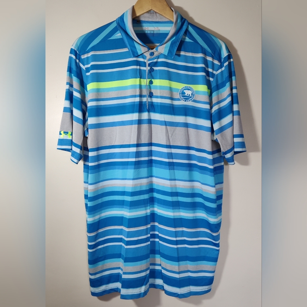 Under Armour Mens XL HeatGear Loose Golf Polo Blue Striped Grand Traverse Resort